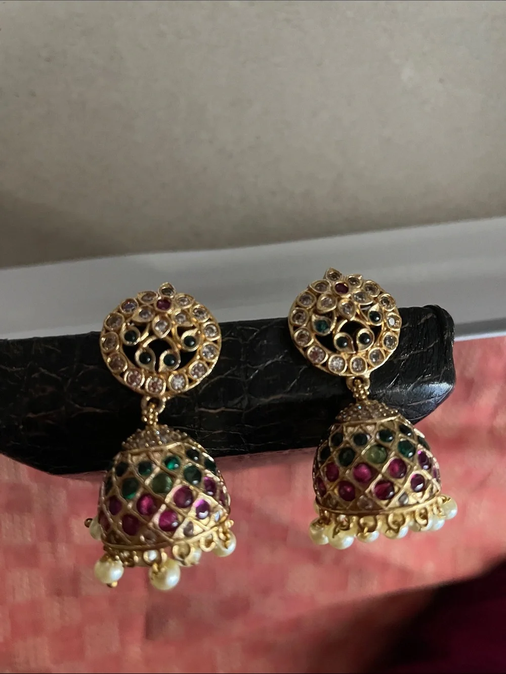 Gold Jhumka Earrings with Pink and Green Stones and Pearl Fringe